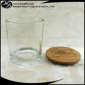 clear glass candle holder with bamboo lid with engraved logo